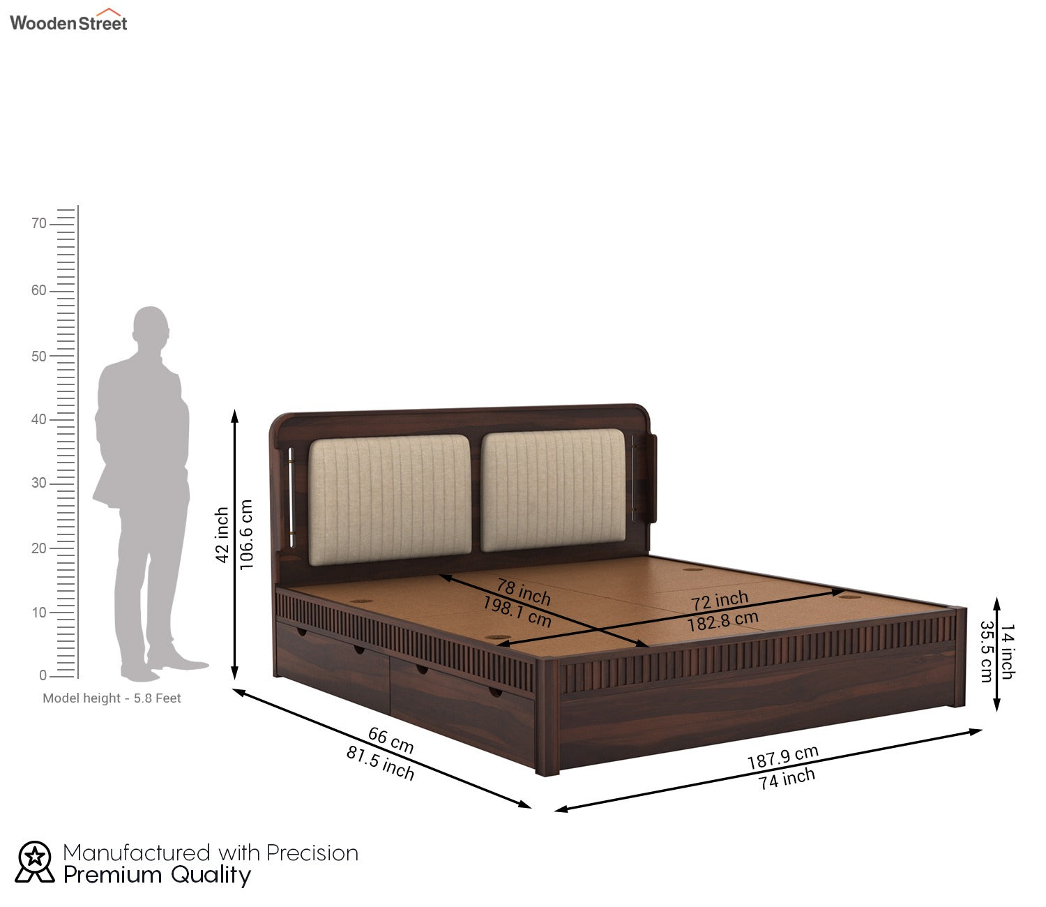 Lotus Premium Sheesham Wood Bed with Drawer Storage (King Size, Walnut Finish)