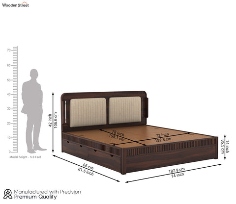 Lotus Premium Sheesham Wood Bed with Drawer Storage (King Size, Walnut Finish)