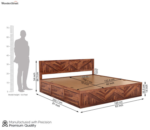 Fidora Sheesham Wood Bed With Box Storage (Queen Size, Honey Finish)