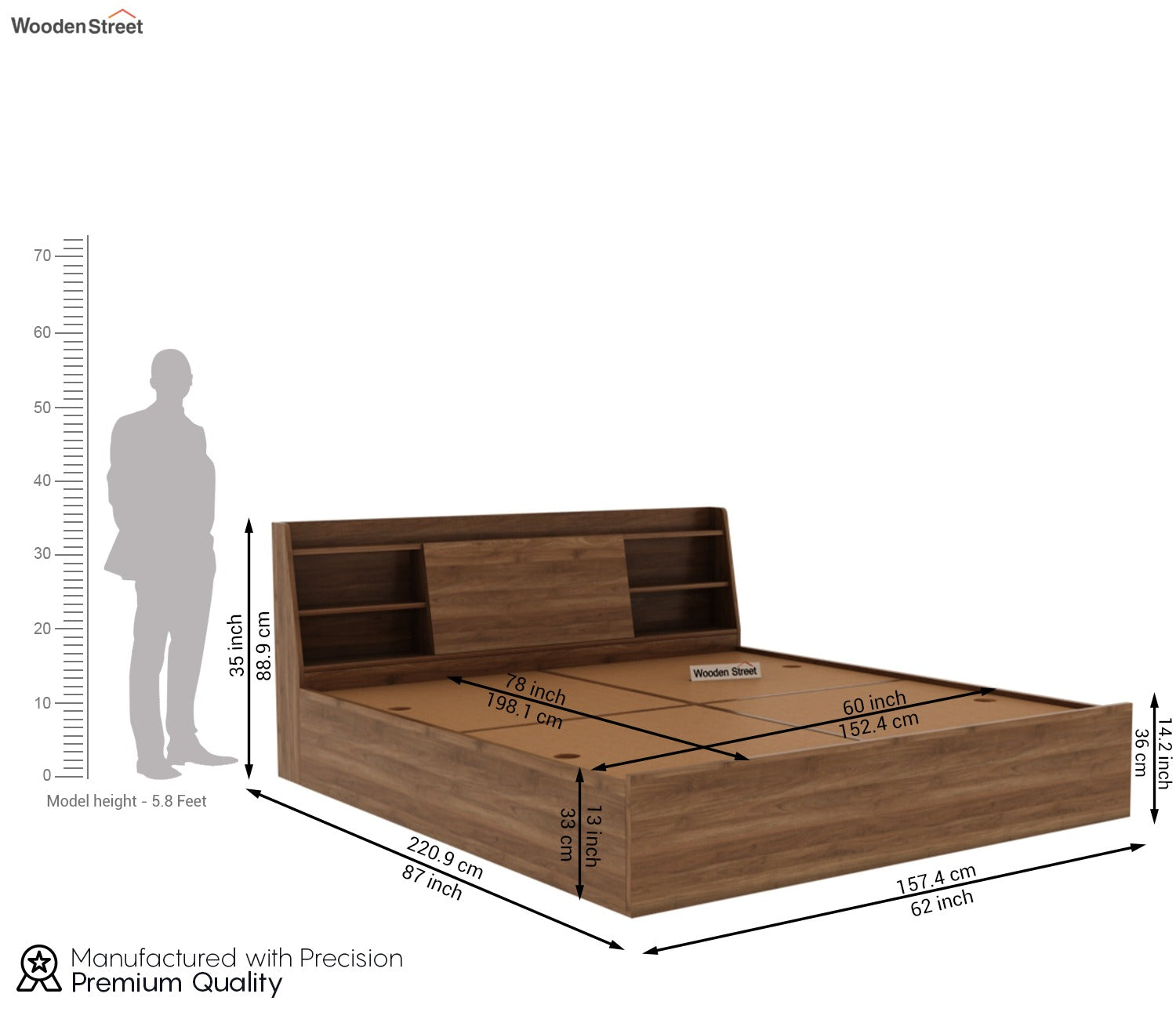 Celestia Engineered Wood Bed with Box Storage (Queen Size, Columbian Walnut Finish)