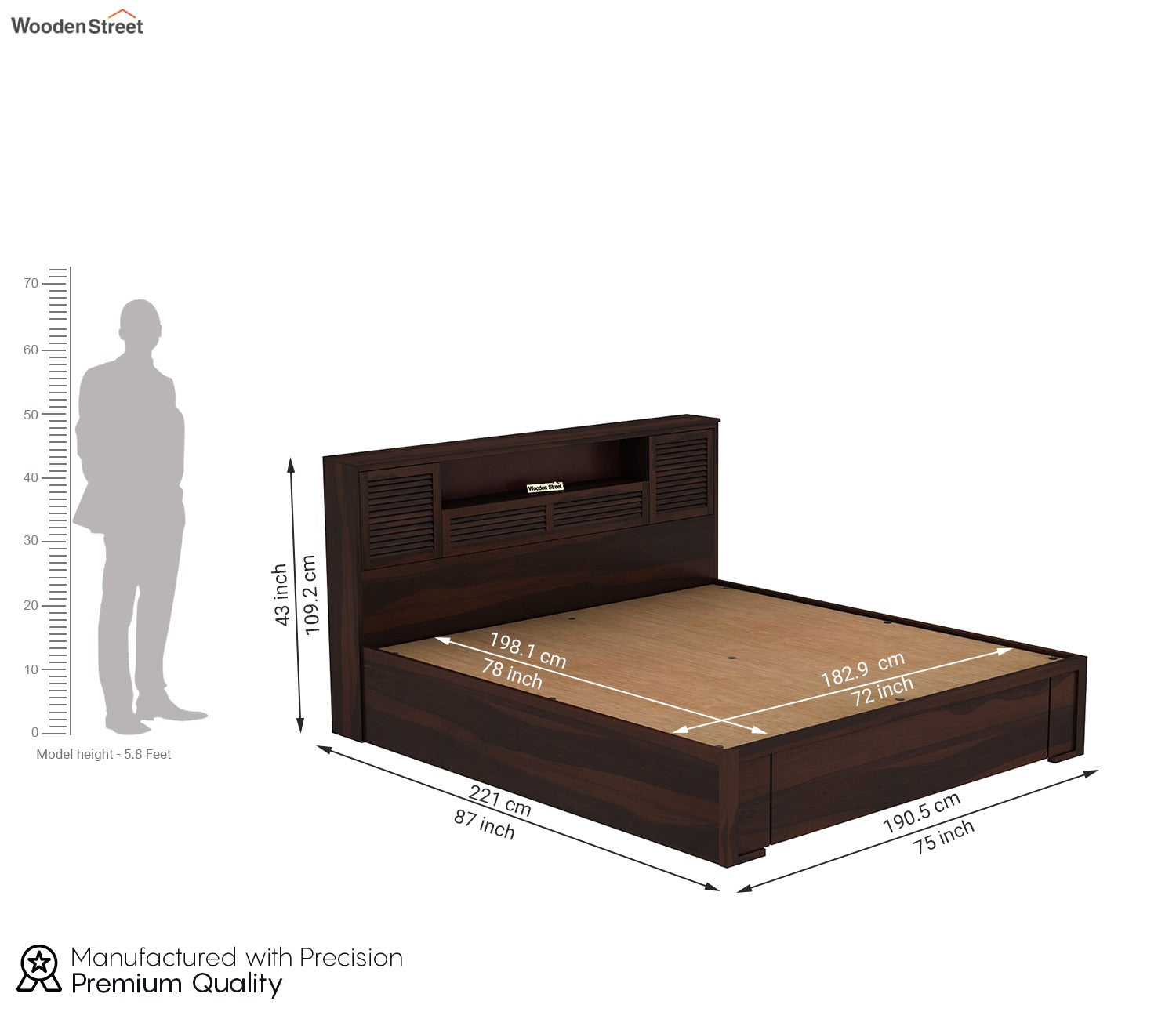 Ferguson Sheesham Wood Hydraulic Bed With Storage (King Size, Walnut Finish)