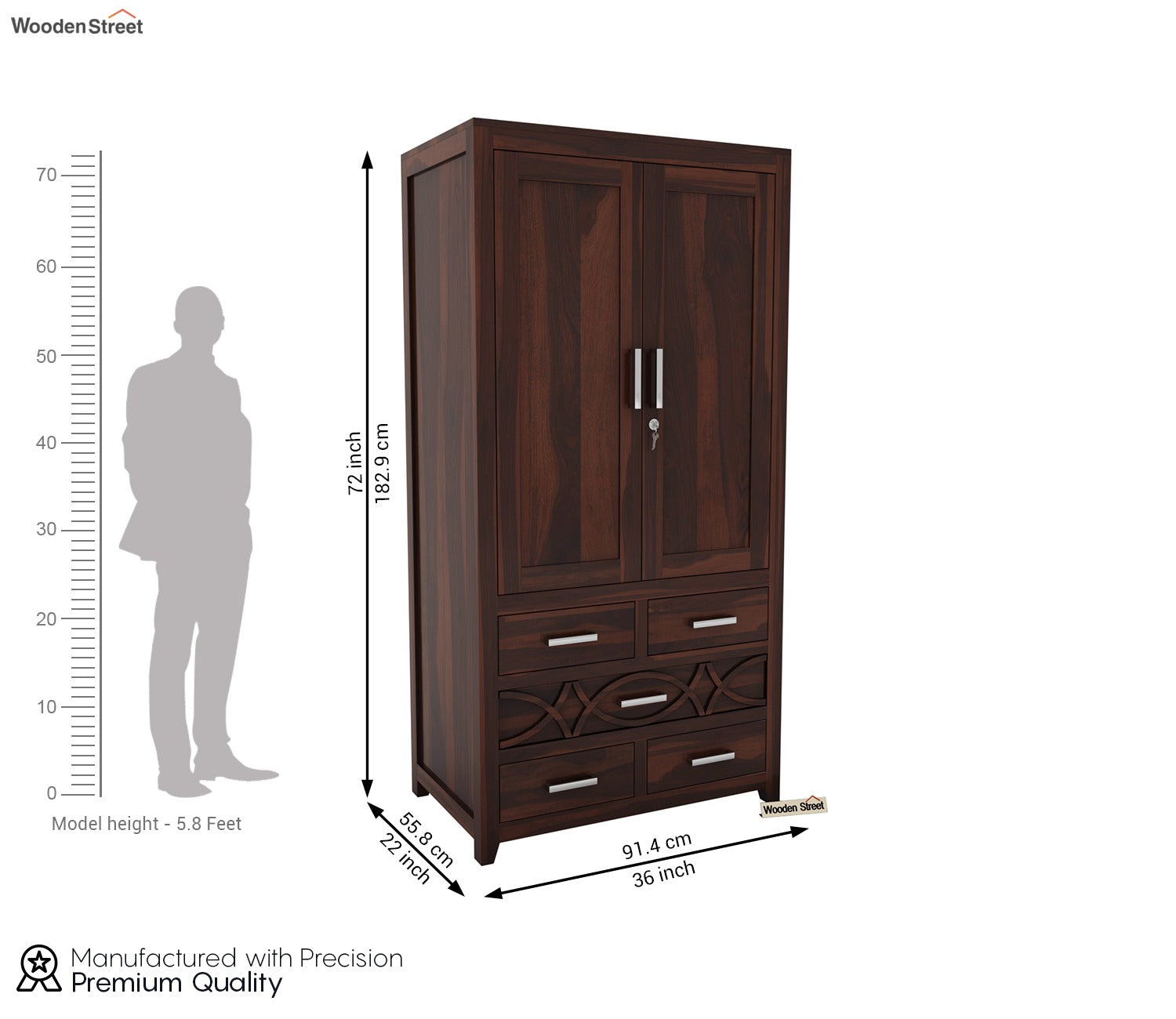 Allan Sheesham Wood 2 Door Wardrobe (Walnut Finish)