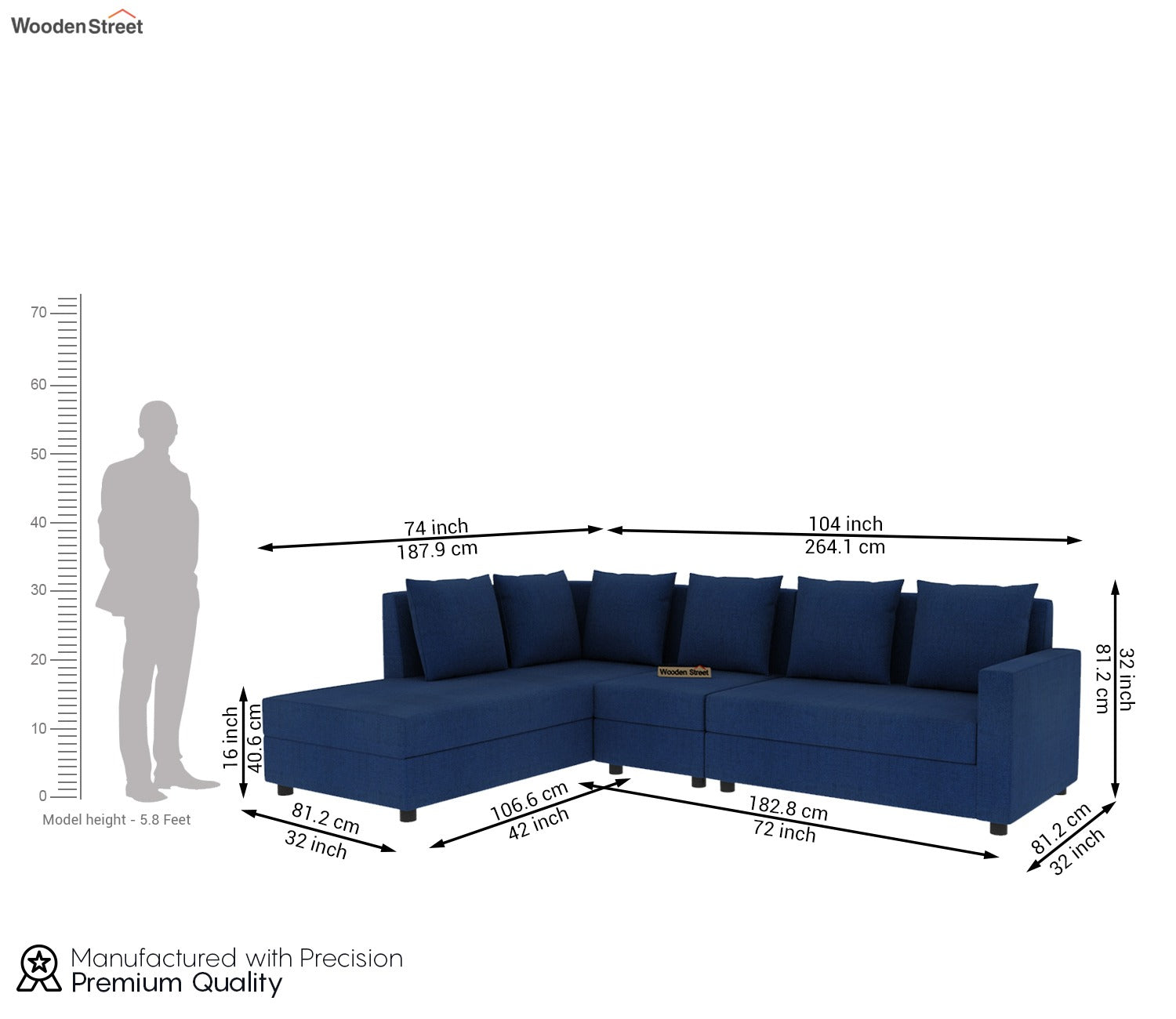Sible L-Shape 6 Seater Left Aligned Fabric Sofa (Cotton, Azure Blue)