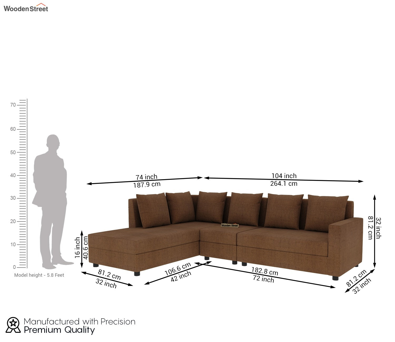 Sible L-Shape 6 Seater Left Aligned Fabric Sofa (Cotton, Mocha Brown)