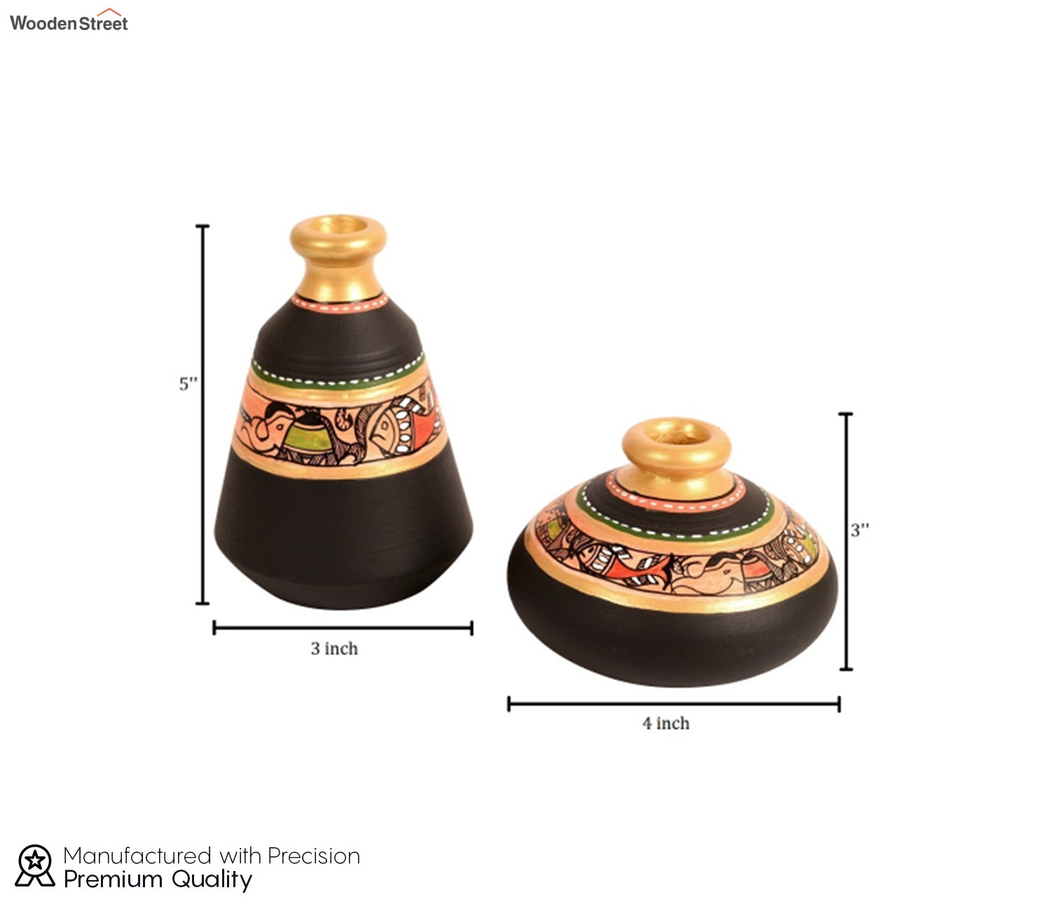 Black Colour Two Wooden Shelves With Two Madhubani Design Pots
