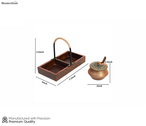 Brown Wooden Handi Set With Stylish Metal Handle Tray