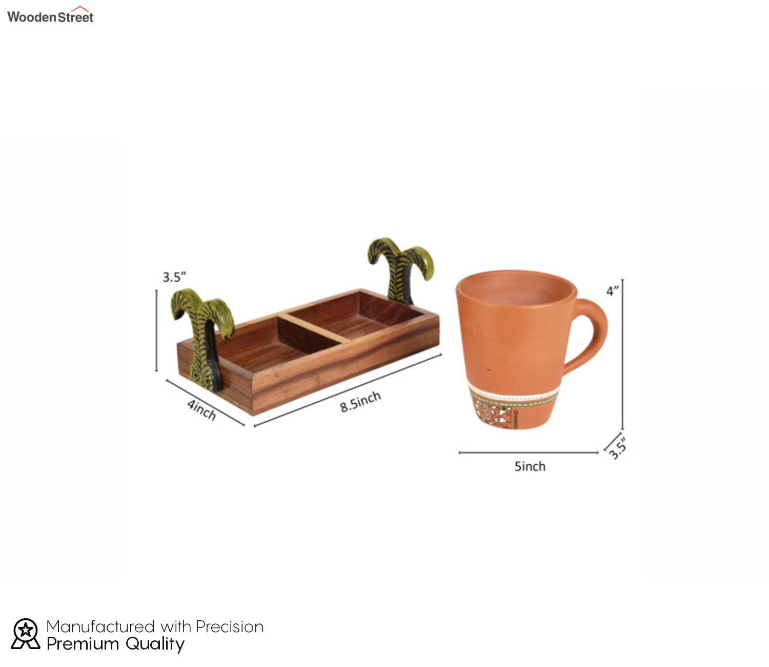 Happy Morning Earthen Coffee Mugs With Metal Handle Tray
