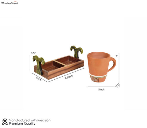 Happy Morning Earthen Coffee Mugs With Metal Handle Tray