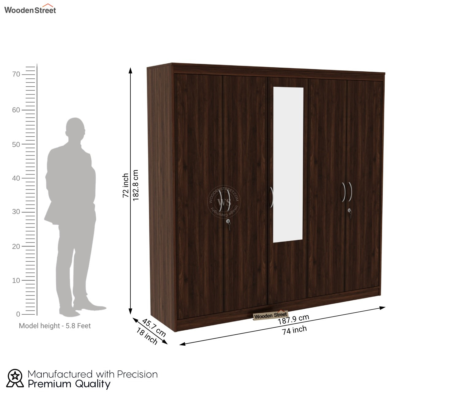 Mahin Five Door Multi Utility Wardrobe with Mirror (Columbian Walnut Finish)
