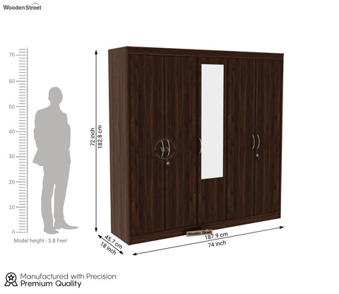 Mahin Five Door Multi Utility Wardrobe with Mirror (Columbian Walnut Finish)