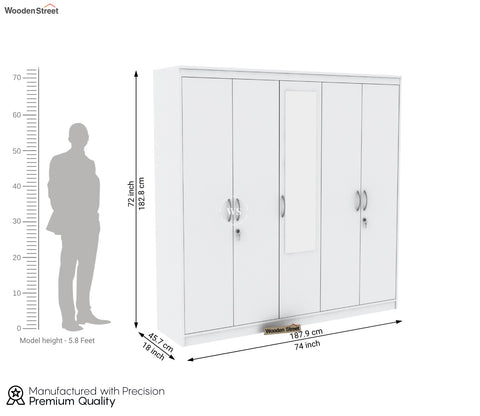 Mahin Five Door Multi Utility Wardrobe with Mirror (Frosty White Finish)