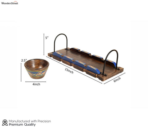 Brown And Blue Handcrafted Wooden Tray With Wooden Bowls