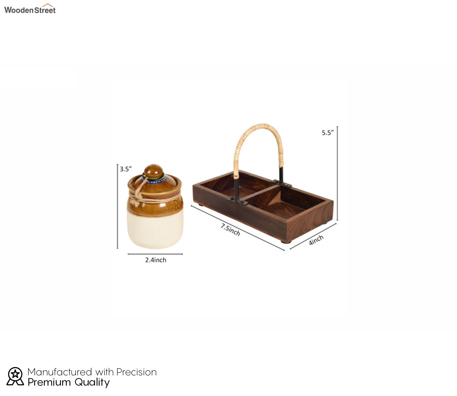 Brown Colour Cane Emblished Wooden Tray With Barni Set