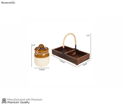 Brown Colour Cane Emblished Wooden Tray With Barni Set