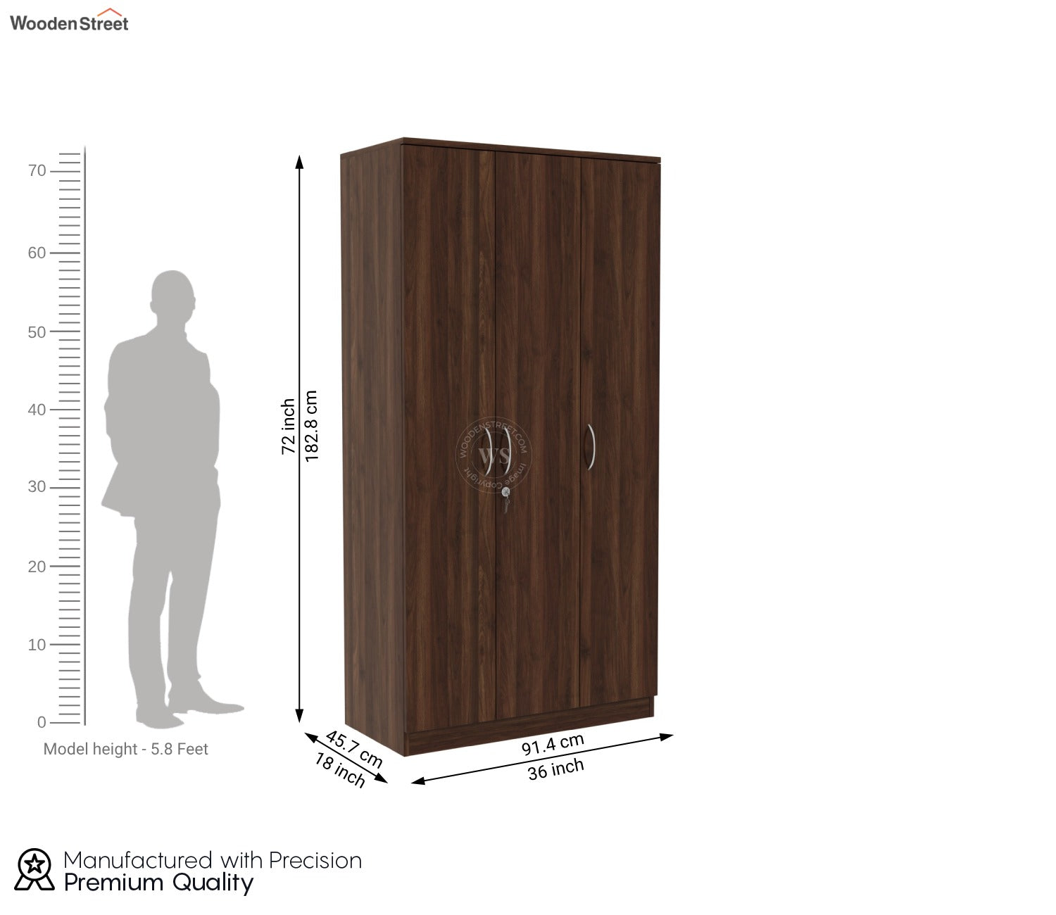 Kayden 3 Door Multi Utility Wardrobe With Hanging Rod (Columbian Walnut Finish)
