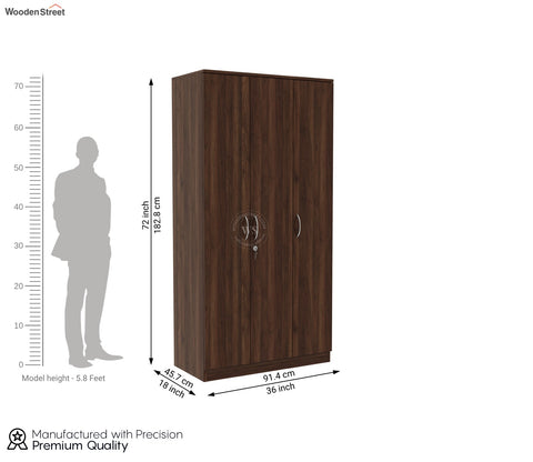 Kayden 3 Door Multi Utility Wardrobe With Hanging Rod (Columbian Walnut Finish)