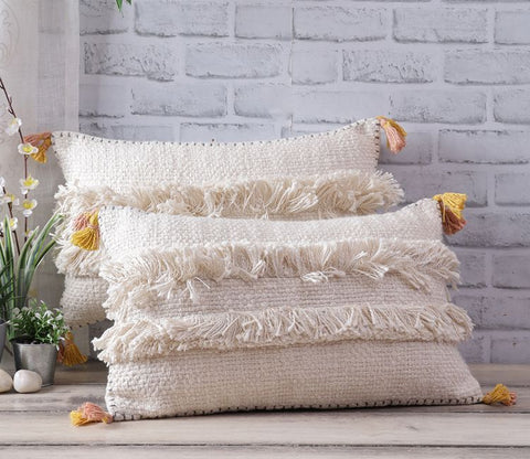 Ivory Jute Cotton Tassel Cushion Covers - Set of 2 (20 x 12 inch)