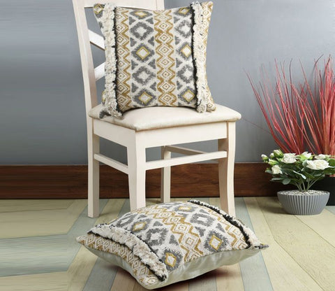 Beige Cotton Designer Cushion Cover Set of 2 (18 x 18 inches)