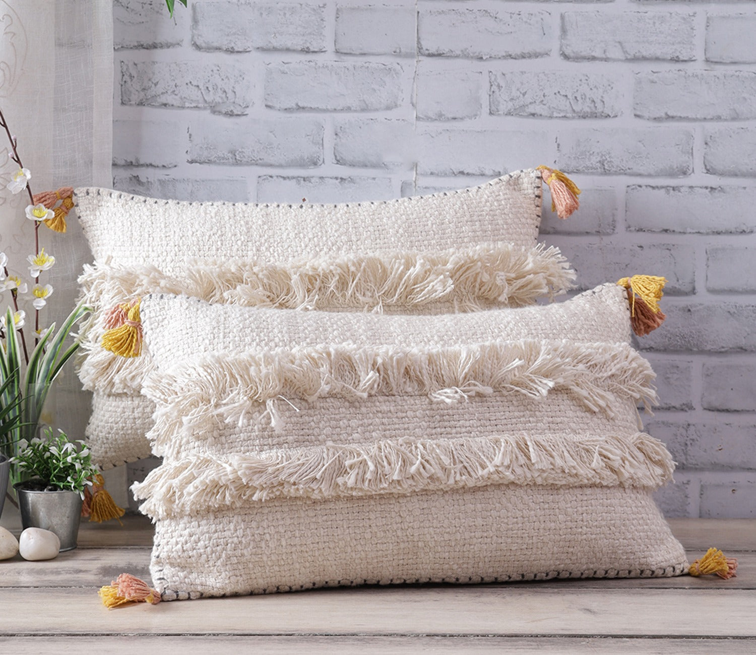 Ivory Jute Cotton Tassel Cushion Covers - Set of 2 (20 x 12 inch)