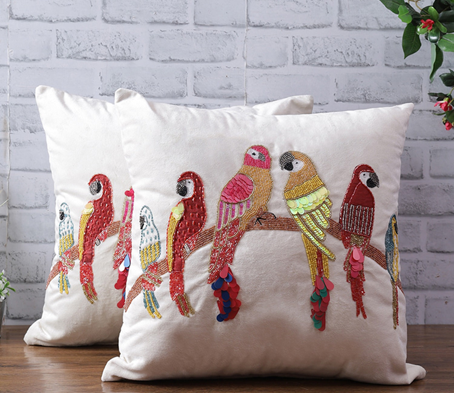 Beaded Sequin Velvet Cushion Covers - Set of 2 (18 x 18 inch, Ivory)