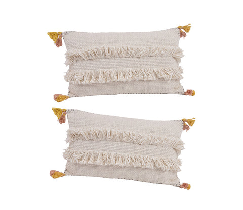Ivory Jute Cotton Tassel Cushion Covers - Set of 2 (20 x 12 inch)