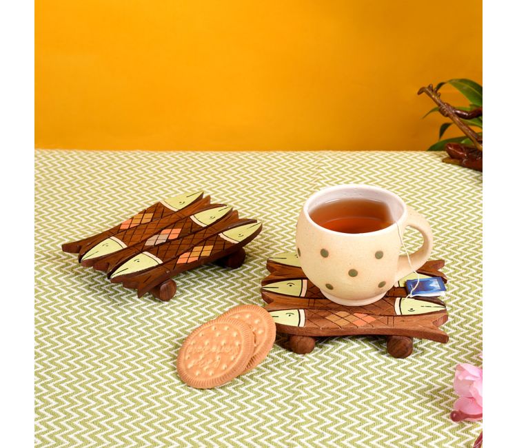 Small Fish With Tribal Art Wooden Handcrafted Coaster - Set of 2
