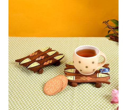 Small Fish With Tribal Art Wooden Handcrafted Coaster - Set of 2