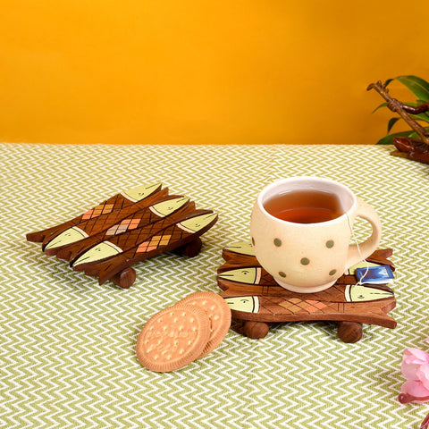 Small Fish With Tribal Art Wooden Handcrafted Coaster - Set of 2