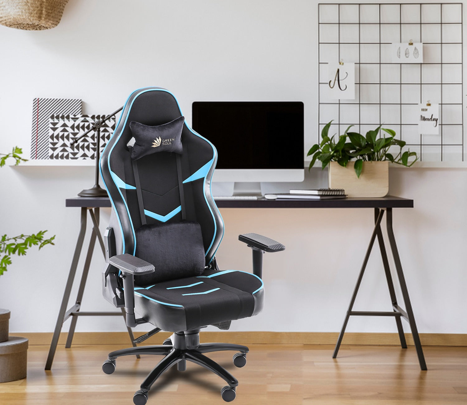 Monster S Deer Mechanism Spandex Fabric And PU Leather Gaming Chair (Blue)