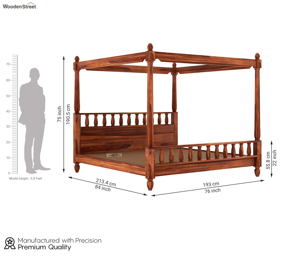 Allure Poster Bed Without Storage (King Size, Honey Finish)