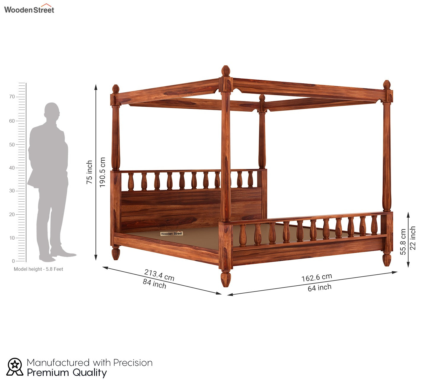 Allure Poster Bed Without Storage (Queen Size, Honey Finish)