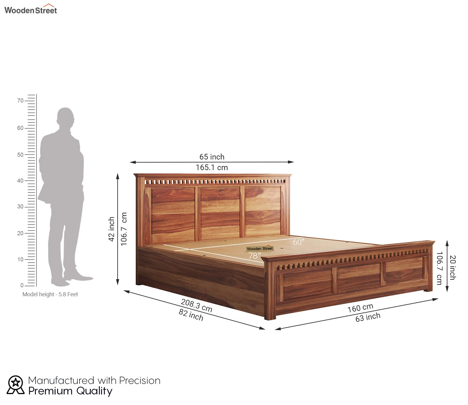 Adolph Sheesham Wood Hydraulic Storage Bed (Queen Size, Honey Finish)