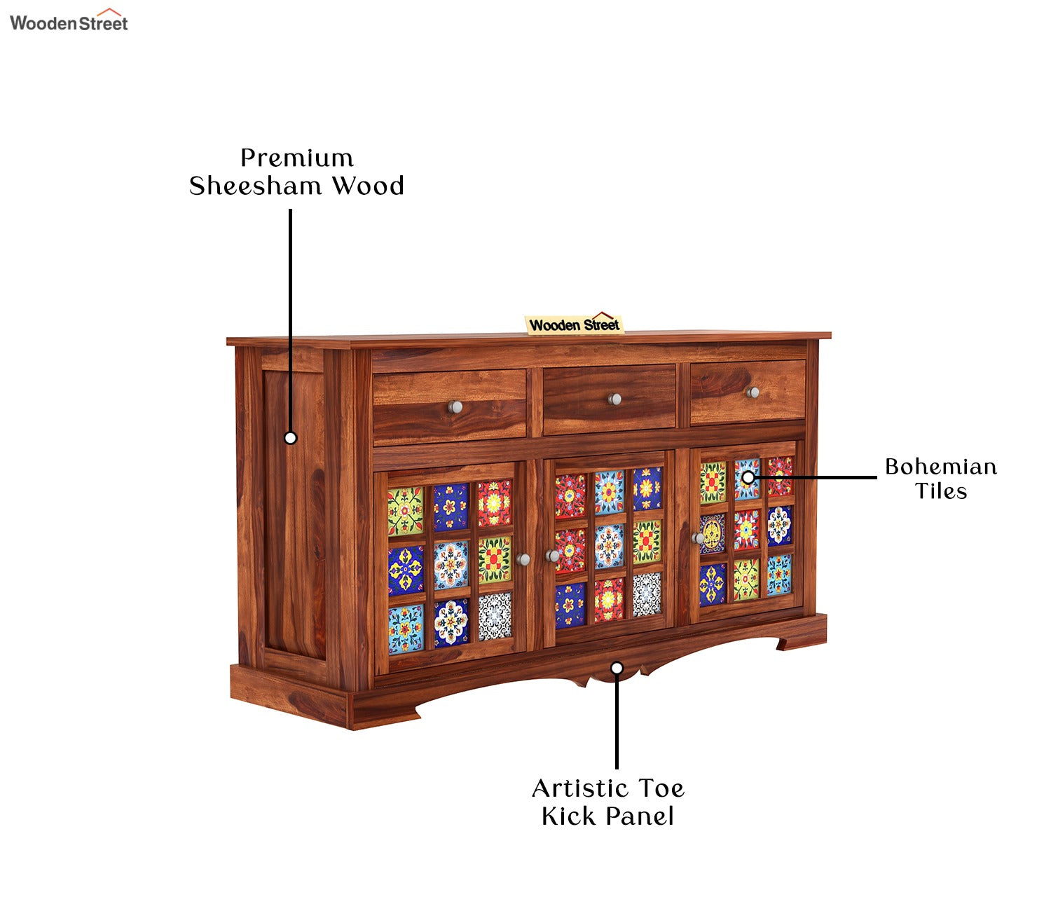 Boho Sheesham Wood Storage Cabinet Sideboard With Three Drawers (Honey Finish)