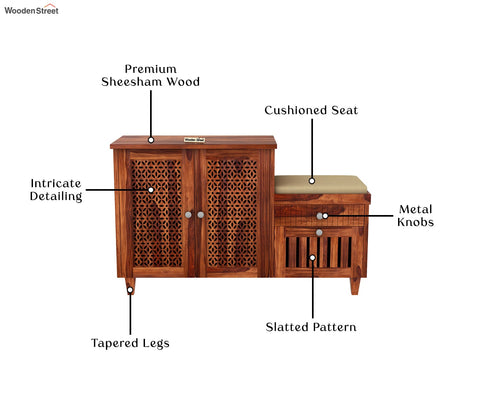 Hopkin Shoe Rack with Seat and Storage Drawers (Honey Finish)