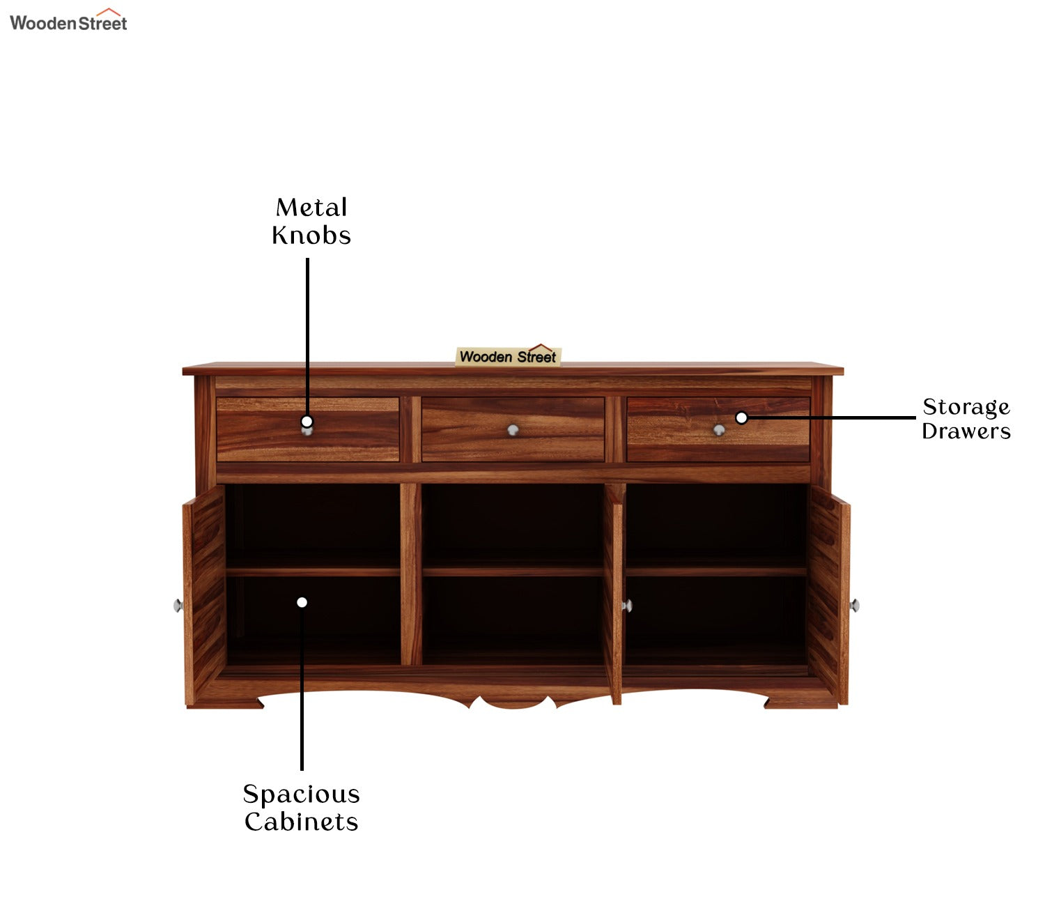 Boho Sheesham Wood Storage Cabinet Sideboard With Three Drawers (Honey Finish)