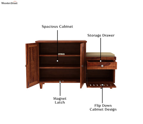 Hopkin Shoe Rack with Seat and Storage Drawers (Honey Finish)