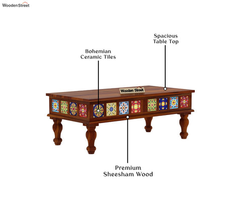 Boho Sheesham Wood Coffee Table with Ceramic Tiles (Honey Finish)