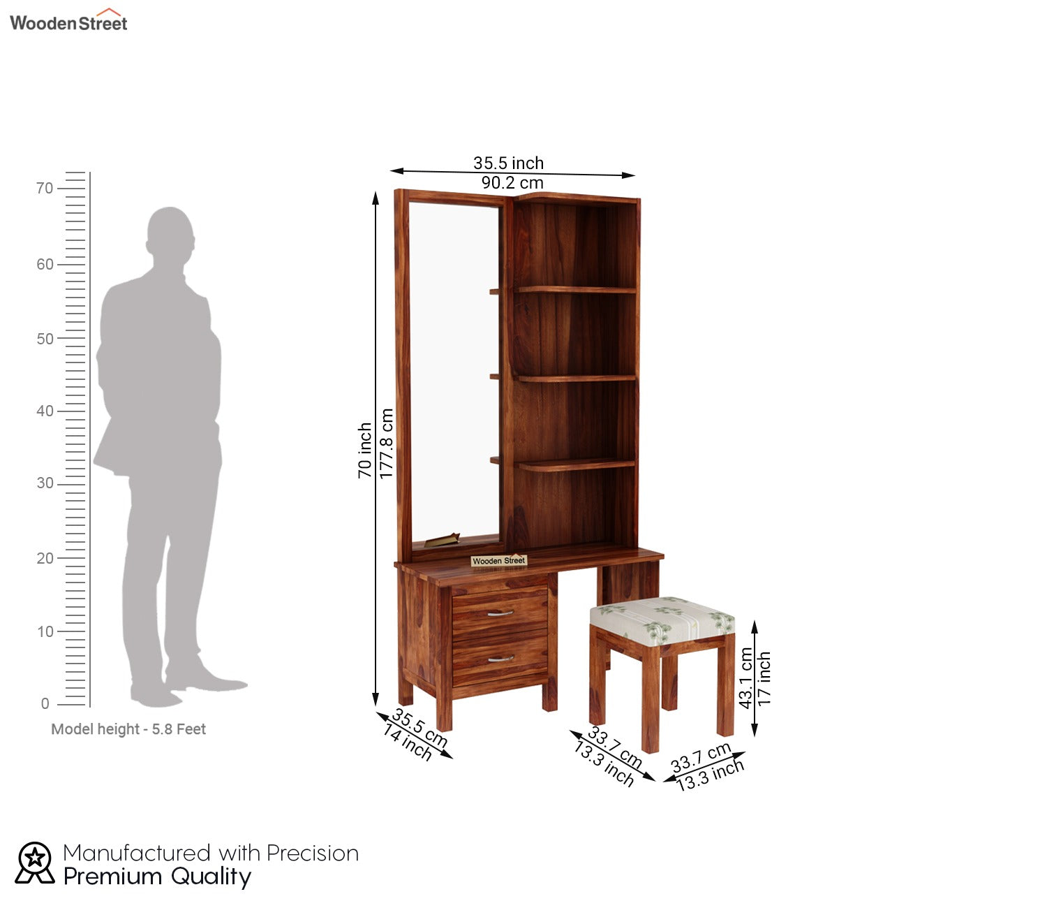 Edrina Sheesham Wood Dressing Table with Storage Drawers and Stool (Honey Finish)