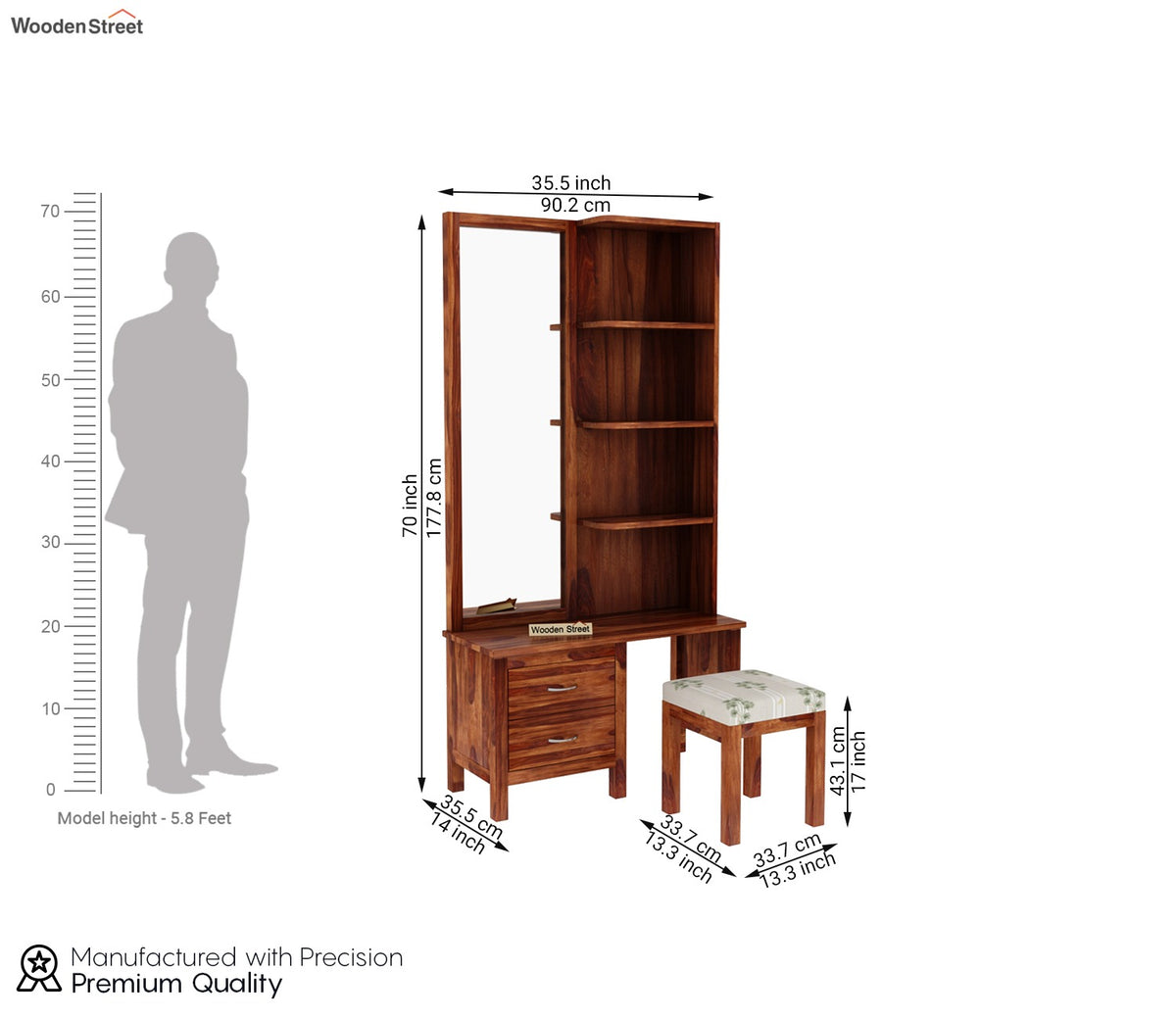 Edrina Sheesham Wood Dressing Table with Storage Drawers and Stool (Honey Finish)