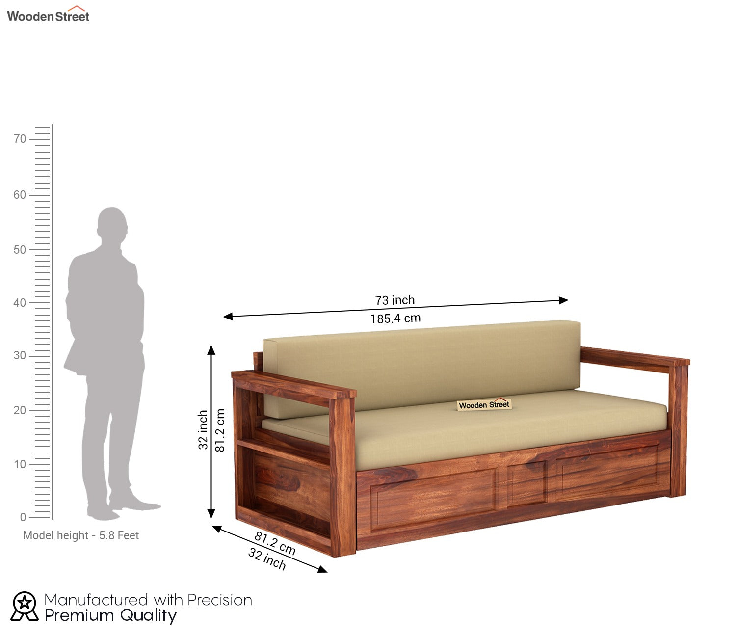 Riota Sheesham Wood Sofa Bed With Storage (King Size, Honey Irish Cream)