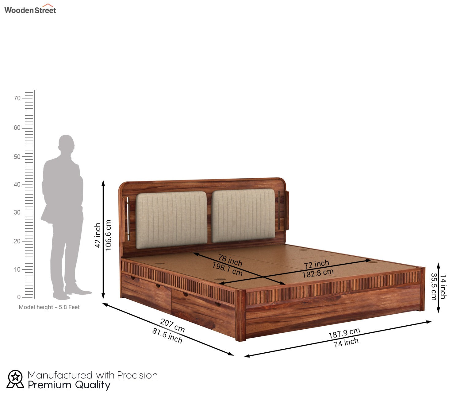 Lotus Premium Sheesham Wood Bed with Drawer Storage (King Size, Honey Finish)