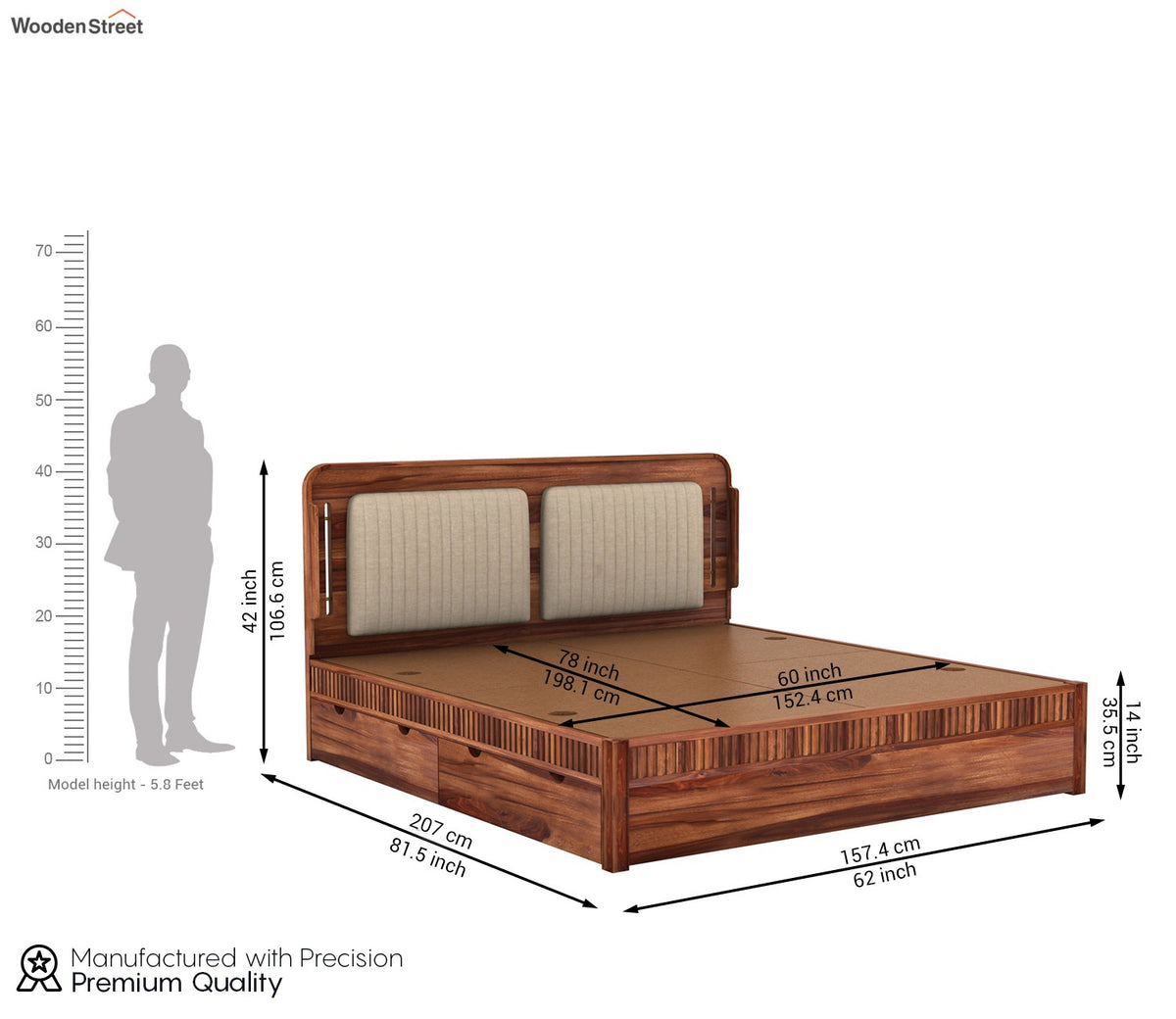 Lotus Premium Sheesham Wood Bed with Drawer Storage (Queen Size, Honey Finish)