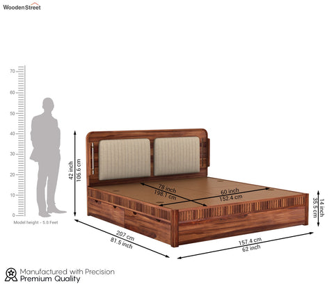 Lotus Premium Sheesham Wood Bed with Drawer Storage (Queen Size, Honey Finish)