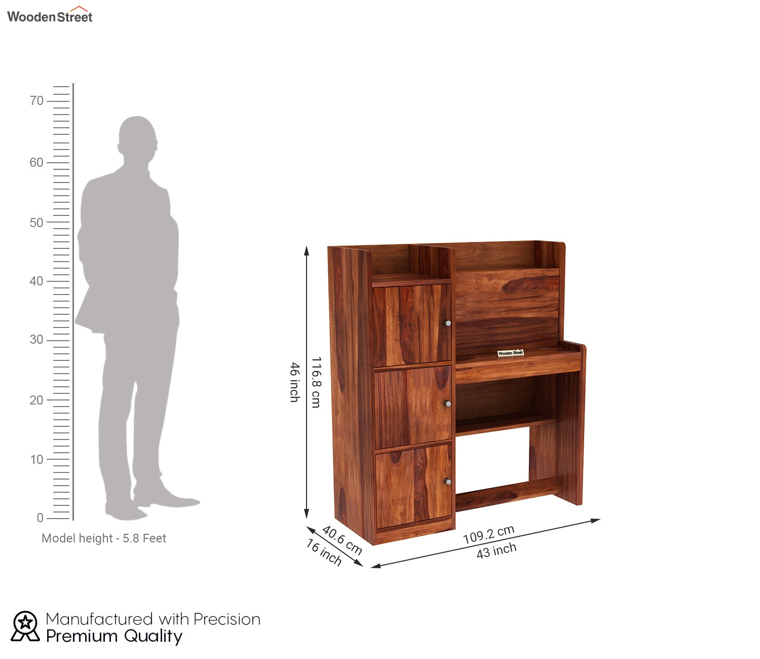 Candy Sheesham Wood Study Table with Three Cabinets & Open Shelves (Honey Finish)