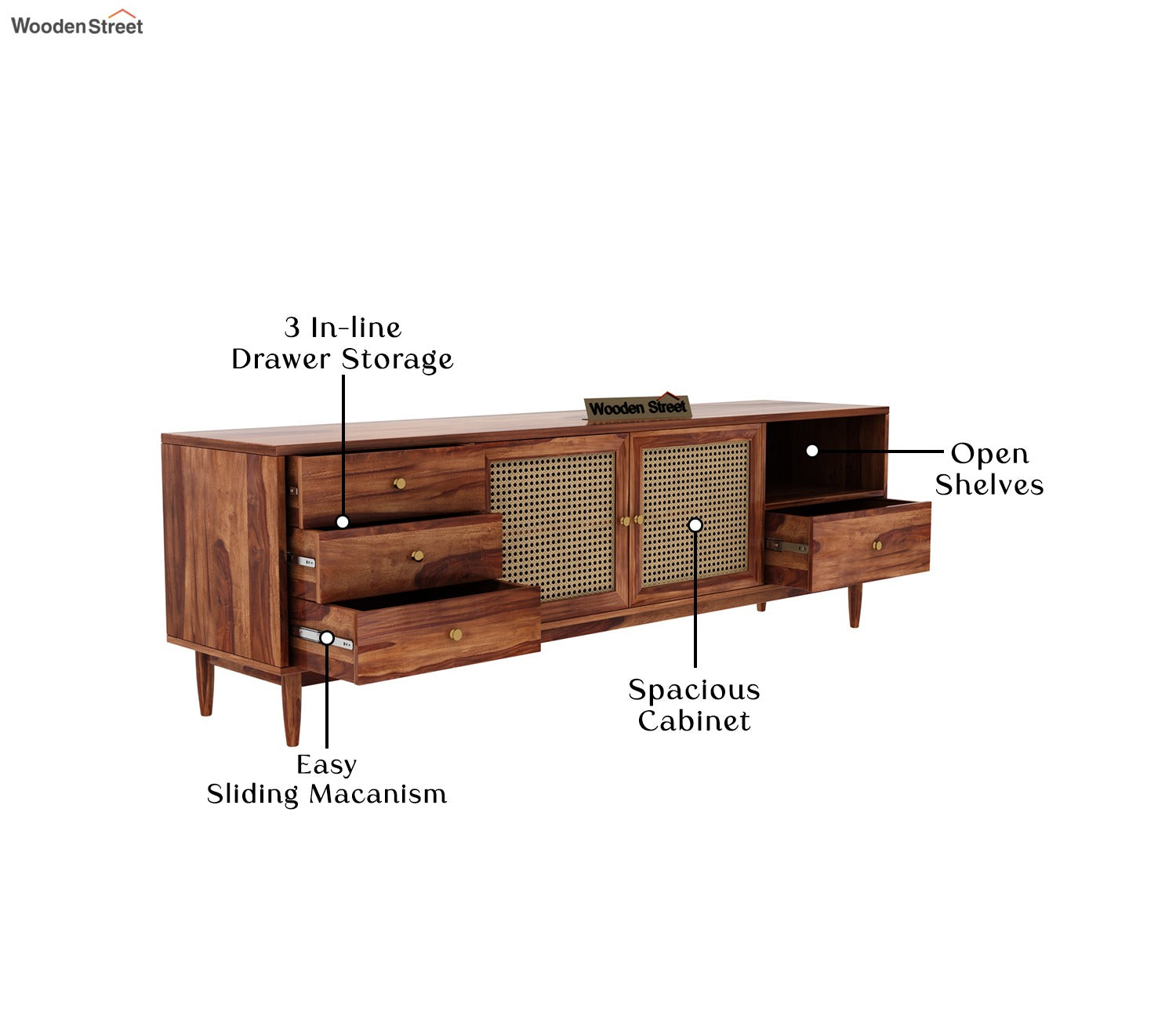Eka Sheesham Wood and Cane TV Unit (Honey Finish)