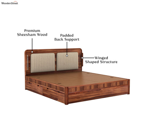 Lotus Premium Sheesham Wood Bed with Drawer Storage (Queen Size, Honey Finish)
