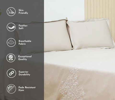 Foliate Embroidery 300 TC Flat Pure Cotton King Size Bedsheet With 2 Pillow Covers (Grey)