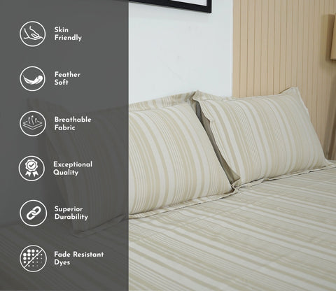 Thin Stripe 290 TC Flat Pure Cotton King Size Bedsheet With 2 Pillow Covers (Cream)
