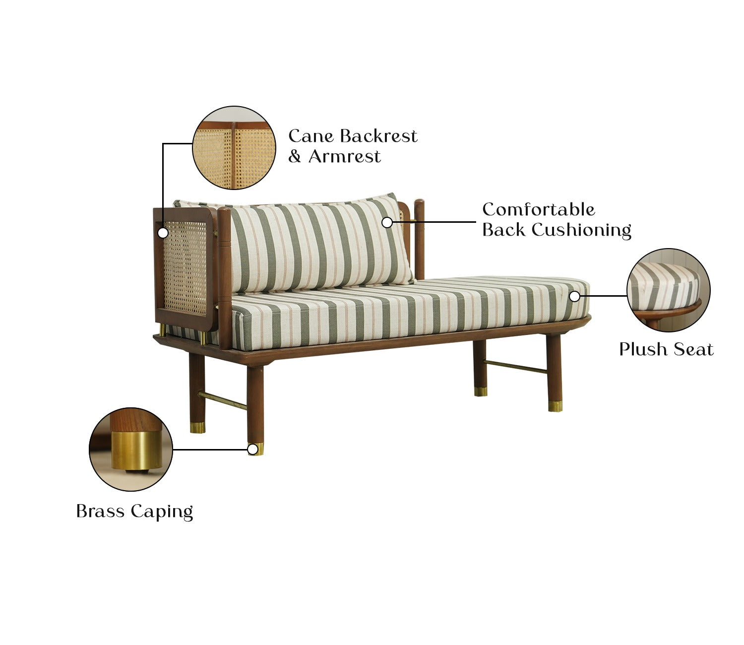 Shloka White Ash Wood Bench with Cane And Adjustable Back Cushioning (Green Stripes)
