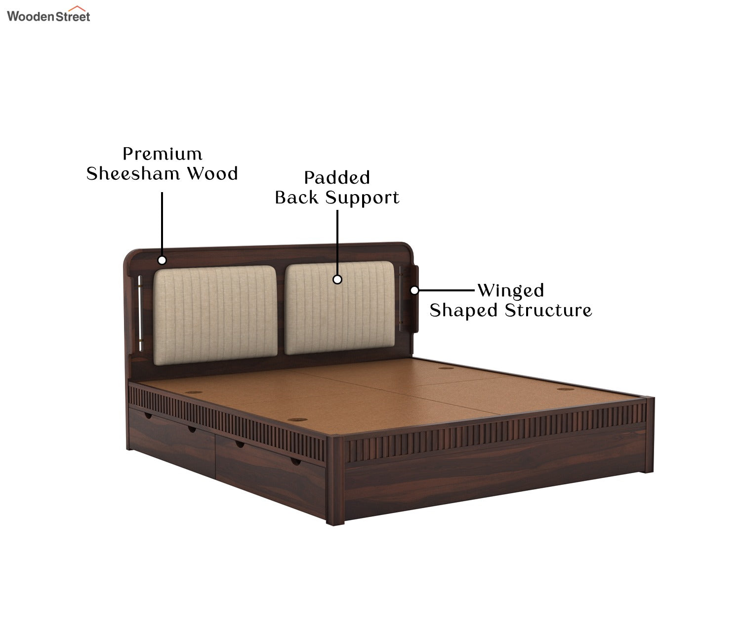 Lotus Premium Sheesham Wood Bed with Drawer Storage (King Size, Walnut Finish)